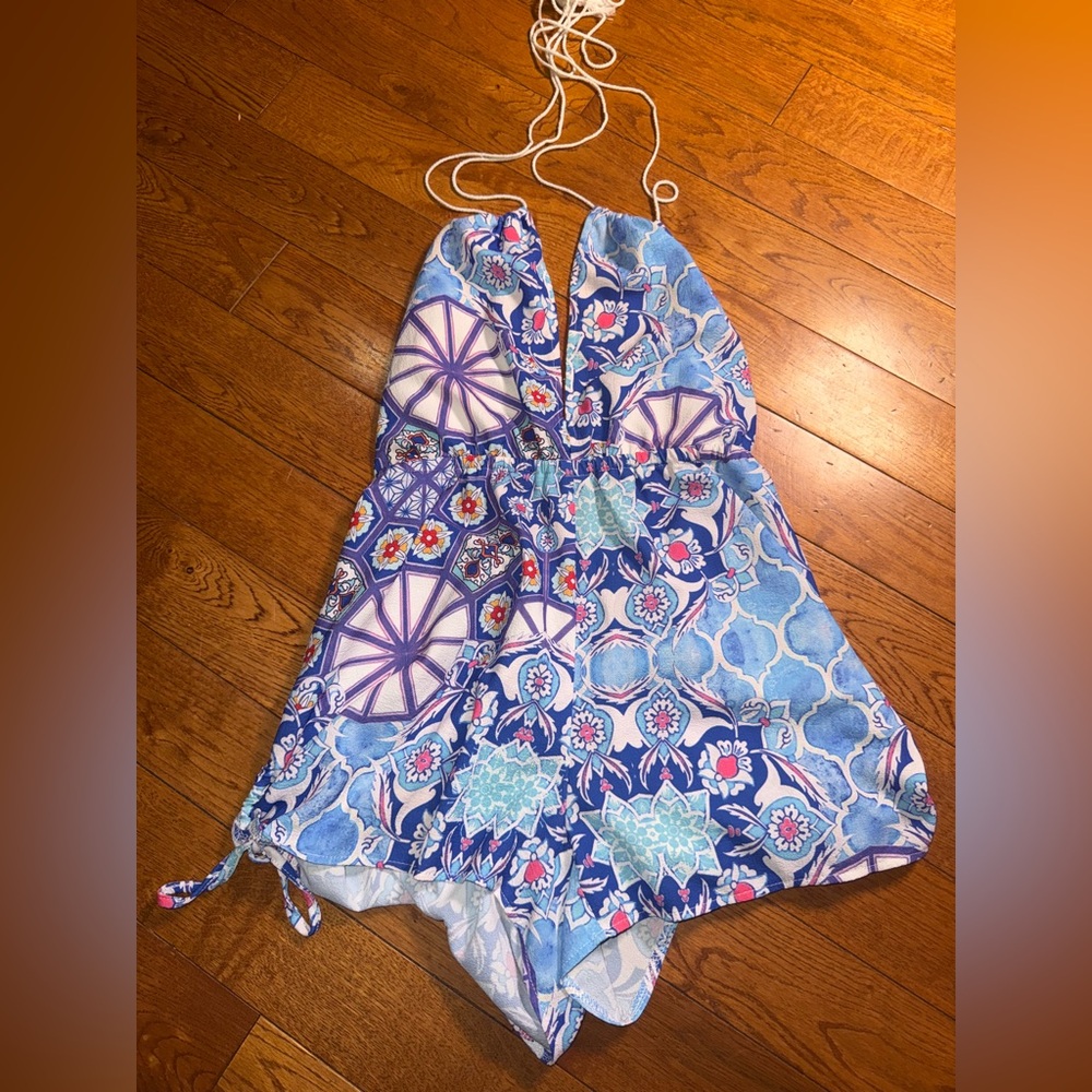 Colorful Patterned Halter Romper, open back